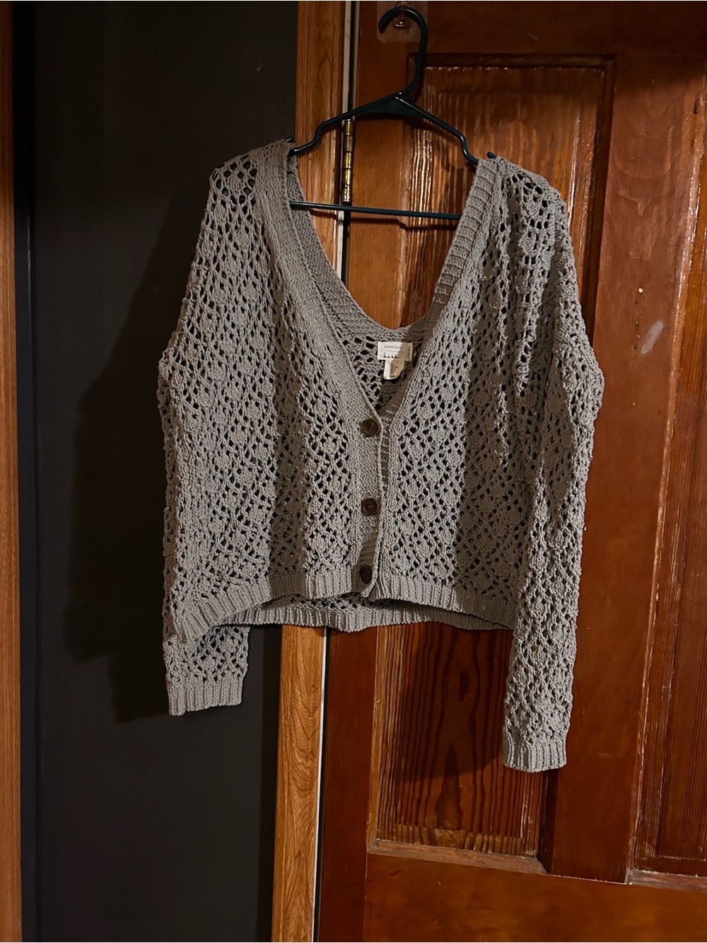 Nicole Miller Light Gray Openwork V-Neck Button Cardigan